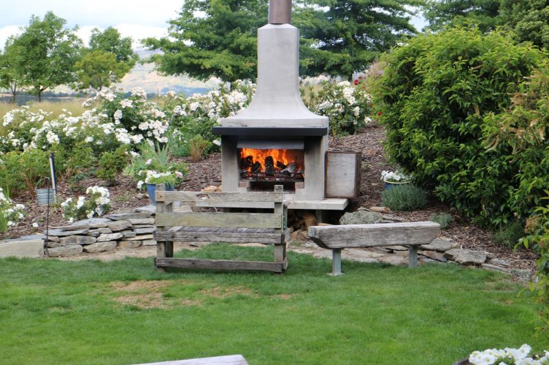 The lodges outdoor fireplace